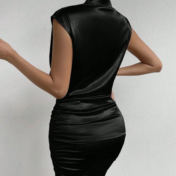 Black Preppy Womens Surplice Neck Ruched Satin Bodycon Dress - Picture 2 of 5